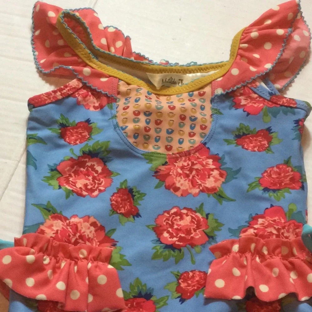Matilda Jane Blue Floral One-Piece Swimsuit with Coral Ruffles and Yellow Trim